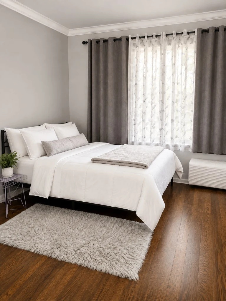 Neutral bedroom with layered textiles