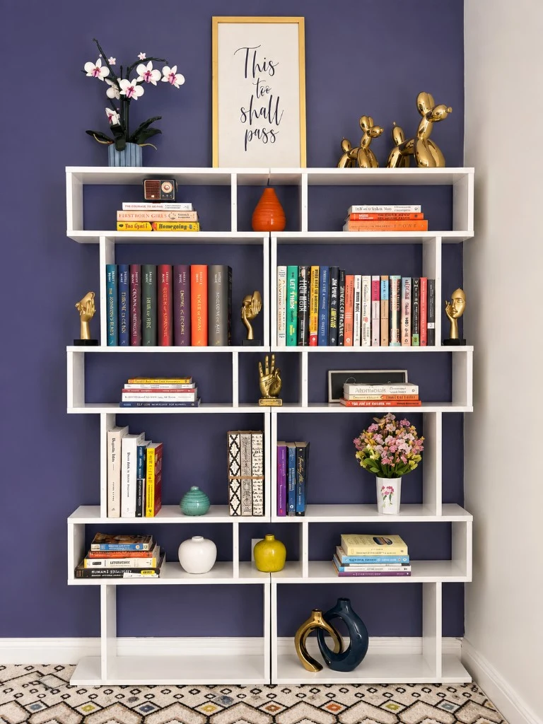 Styled library shelf with gold accents and orchid