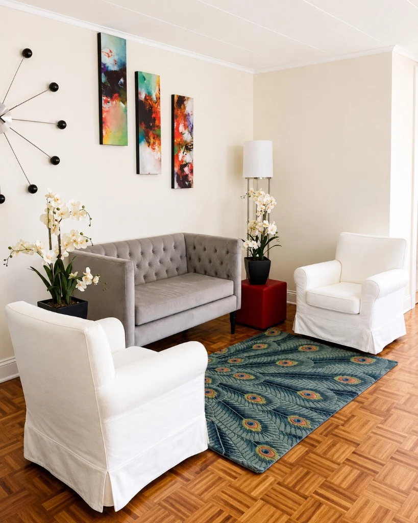 Sitting area with peacock rug and orchids