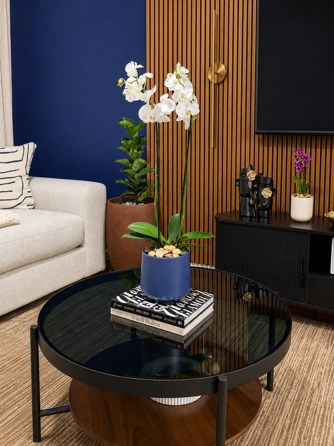 Coffee table styling with orchid